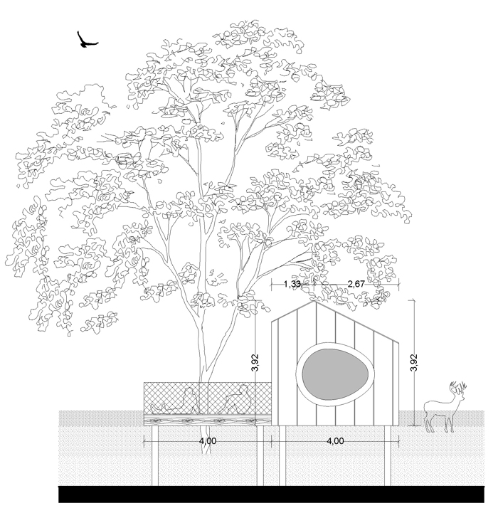 Elaborato grafico casa sull’albero Treehouse design essenziale in legno