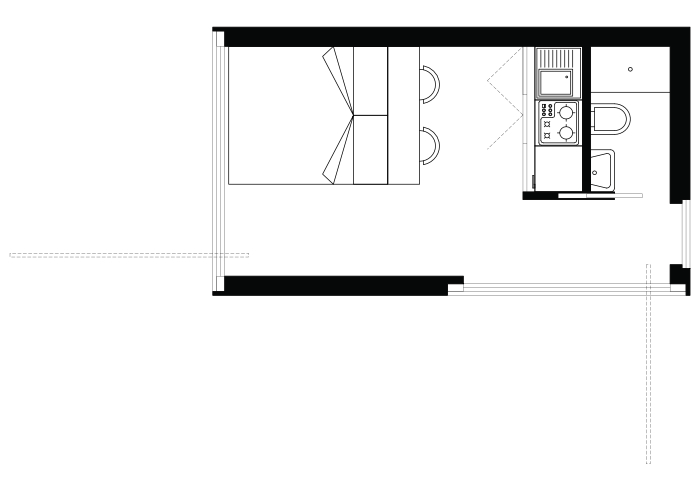 Pianta architettonica della tiny house SCS House di 18mq con distribuzione degli spazi interni, Studio 3Mark
